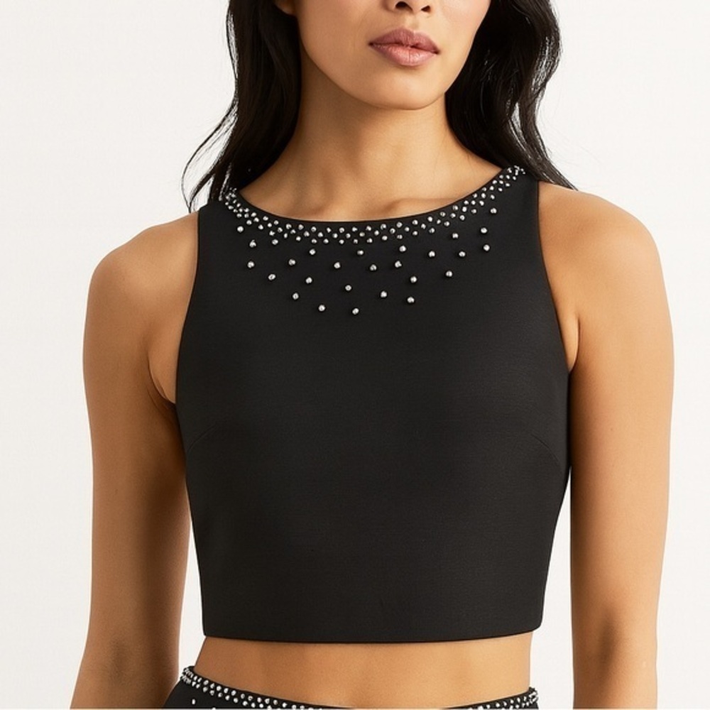 LoveShackFancy Kanoa Black Embellished Sleeveless Cocktail Party Chic Crop Top